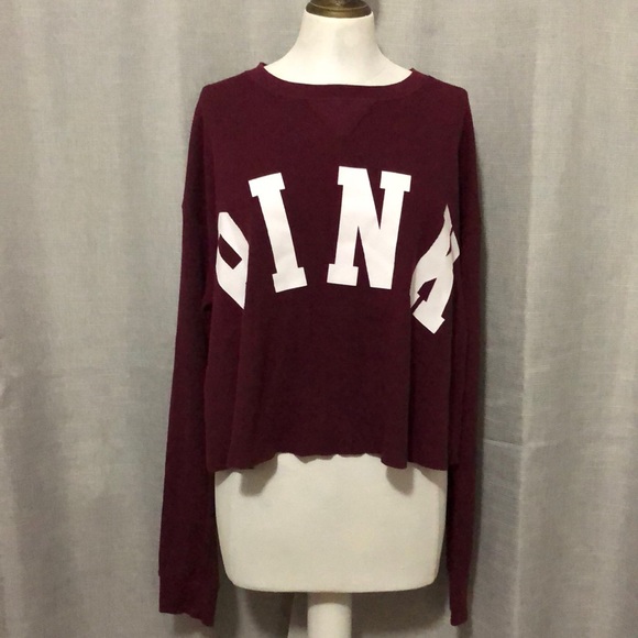 VS PINK-OverSized Crop Waffle LongSleeve-Classic Logo-Sz L-Maroon/White-EUC - Picture 3 of 15